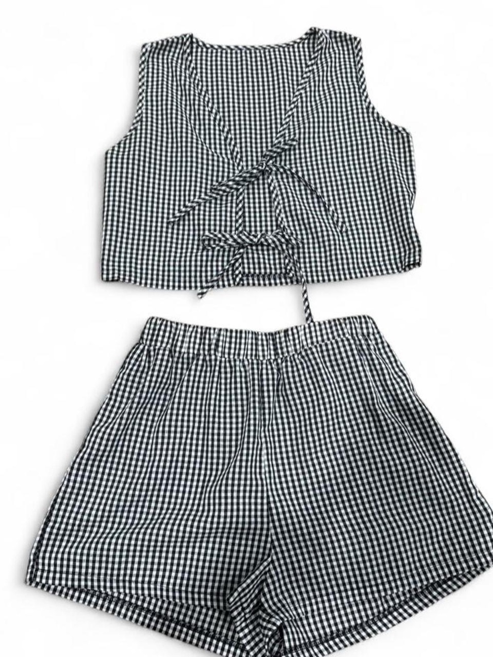 Gingham Tie-Front Crop Top & Shorts Set - Black/White